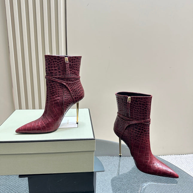 PADLOCK 10 CM ANKLE BOOTS IN BURGUNDY RED CROCODILE-EMBOSSED CALFSKIN