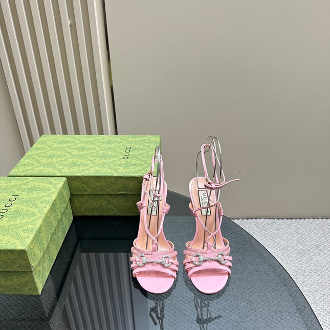 CRYSTAL HORSEBIT STRAPPY SANDAL 10.5CM IN LIGHT PINK PATENT LEATHER