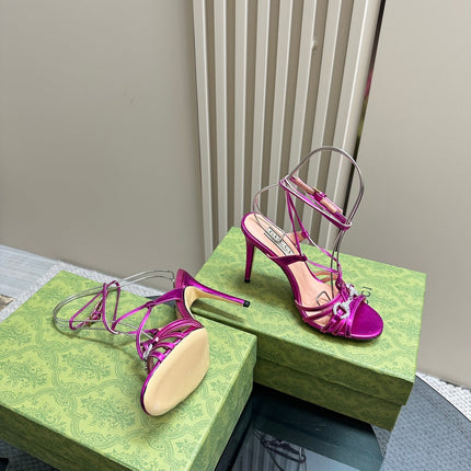 CRYSTAL HORSEBIT STRAPPY SANDAL 10.5CM IN HOT PINK PATENT LEATHER