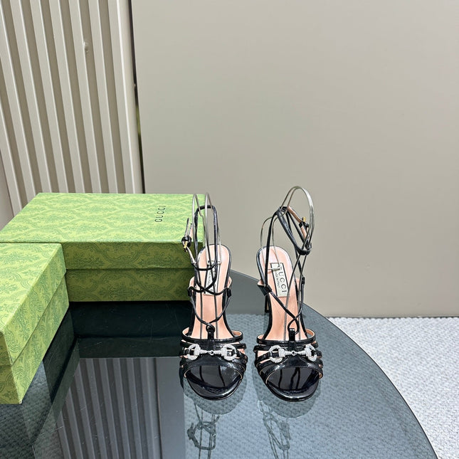 CRYSTAL HORSEBIT STRAPPY SANDAL 10.5CM IN BLACK PATENT LEATHER