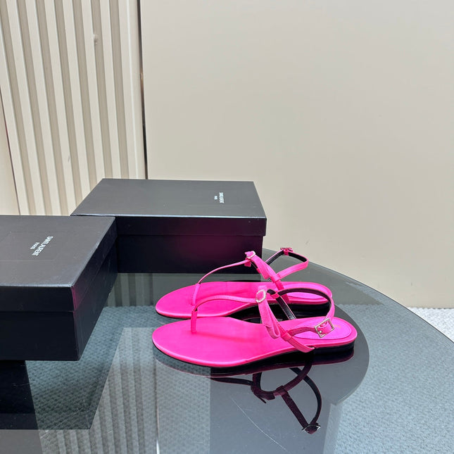 SL CRYSTAL T-STRAP FLAT SANDAL BRIGHT PINK SATIN