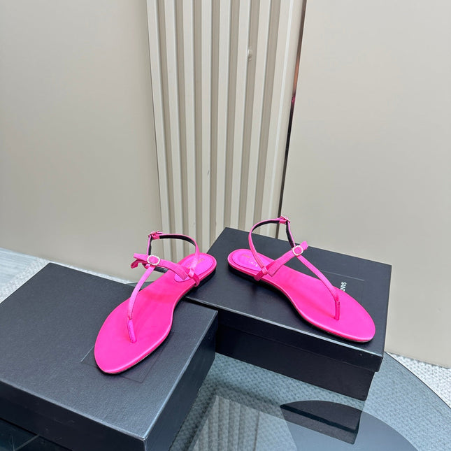 SL CRYSTAL T-STRAP FLAT SANDAL BRIGHT PINK SATIN