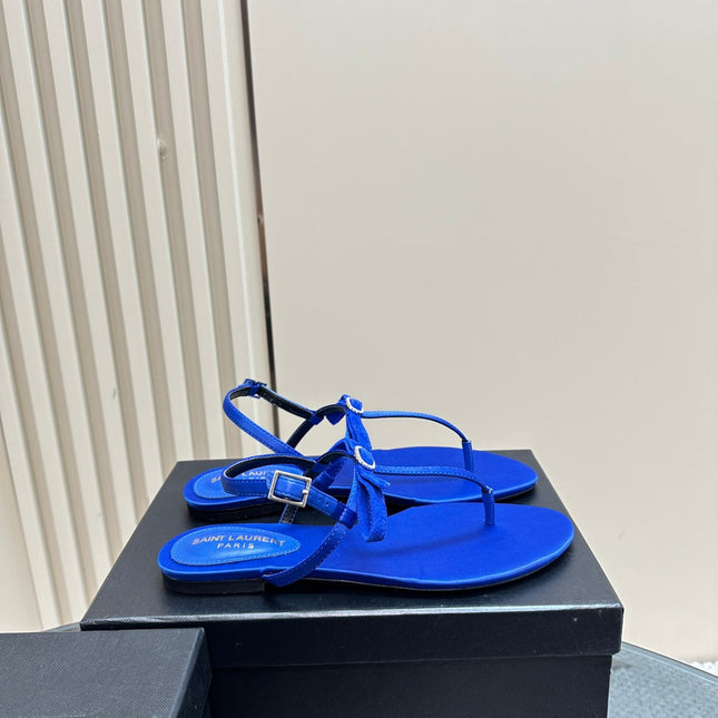 SL CRYSTAL T-STRAP FLAT SANDAL COBALT SATIN