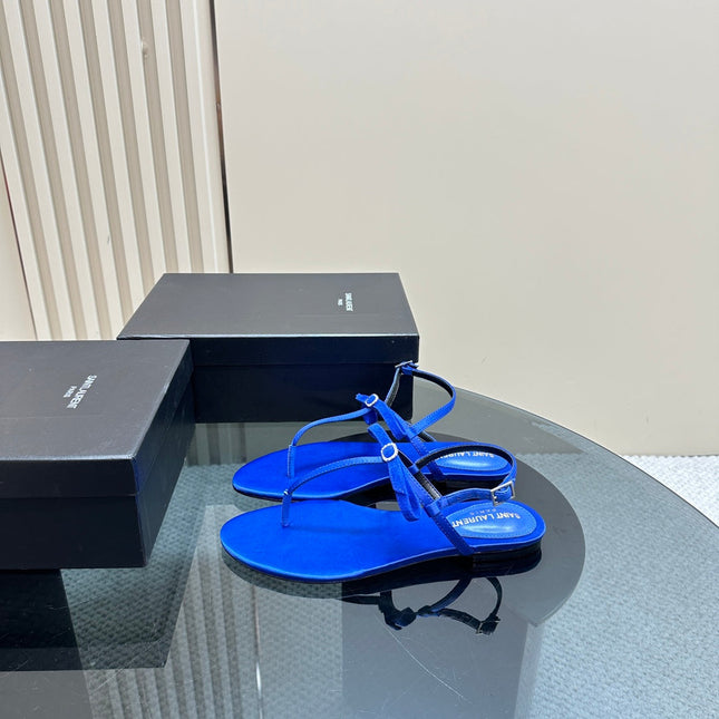 SL CRYSTAL T-STRAP FLAT SANDAL COBALT SATIN