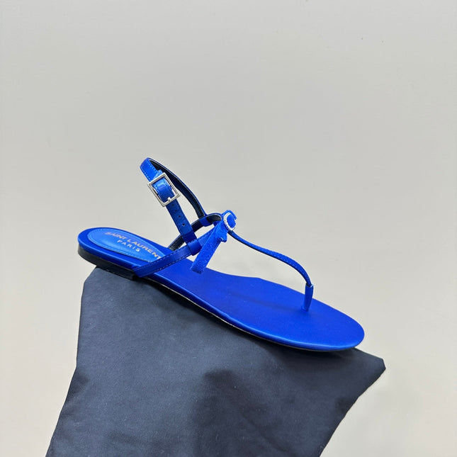 SL CRYSTAL T-STRAP FLAT SANDAL COBALT SATIN