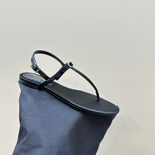 SL CRYSTAL T-STRAP FLAT SANDAL BLACK SATIN