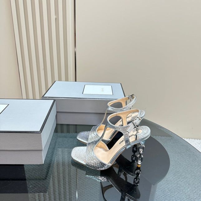 PADLOCK HIGH-HEELED SANDAL 10 CM IN SILVER SNAKESKIN