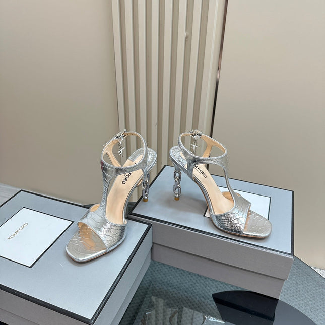 PADLOCK HIGH-HEELED SANDAL 10 CM IN SILVER SNAKESKIN