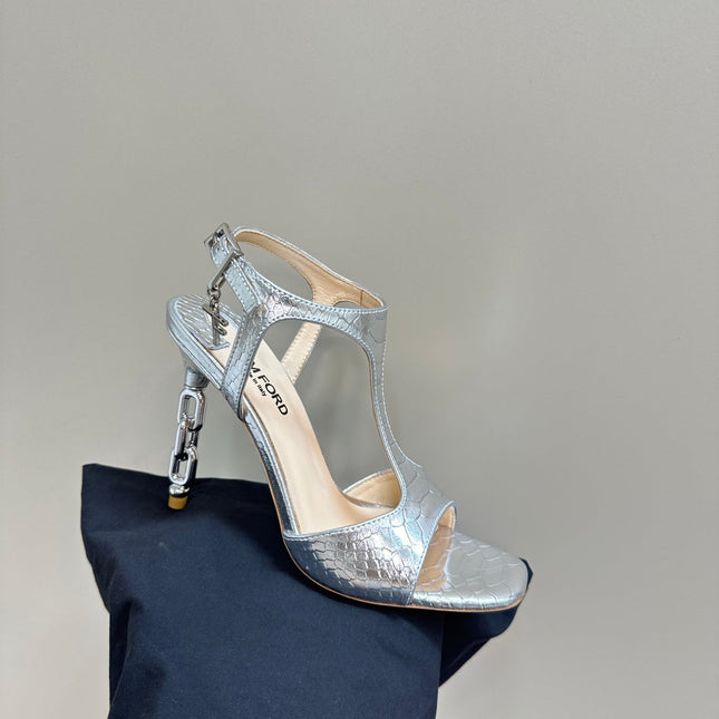 PADLOCK HIGH-HEELED SANDAL 10 CM IN SILVER SNAKESKIN