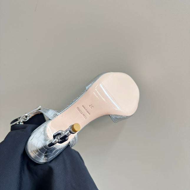 PADLOCK HIGH-HEELED SANDAL 10 CM IN SILVER SNAKESKIN