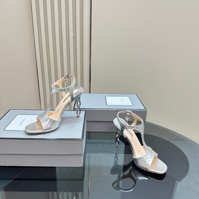 PADLOCK HIGH-HEELED SANDAL 10 CM IN SILVER SNAKESKIN