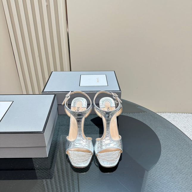 PADLOCK HIGH-HEELED SANDAL 10 CM IN SILVER SNAKESKIN