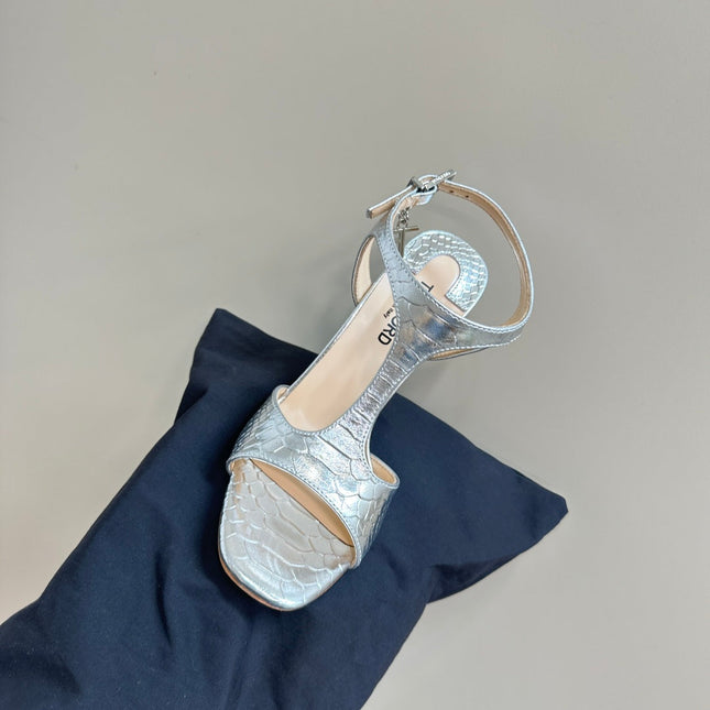 PADLOCK HIGH-HEELED SANDAL 10 CM IN SILVER SNAKESKIN