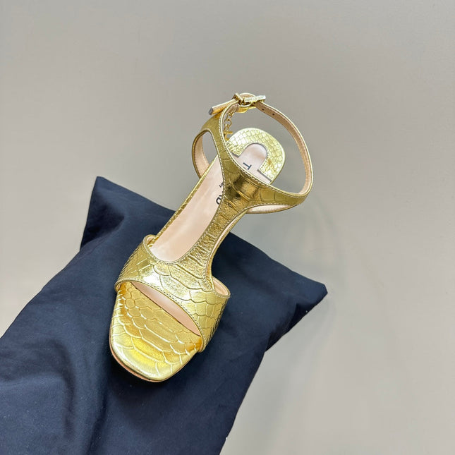 PADLOCK HIGH-HEELED SANDAL 10 CM IN LIGHT GOLD SNAKESKIN