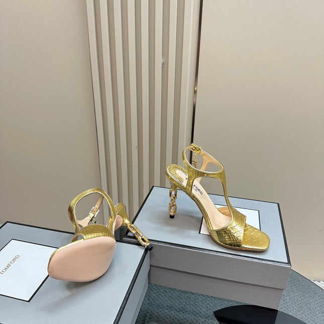 PADLOCK HIGH-HEELED SANDAL 10 CM IN LIGHT GOLD SNAKESKIN