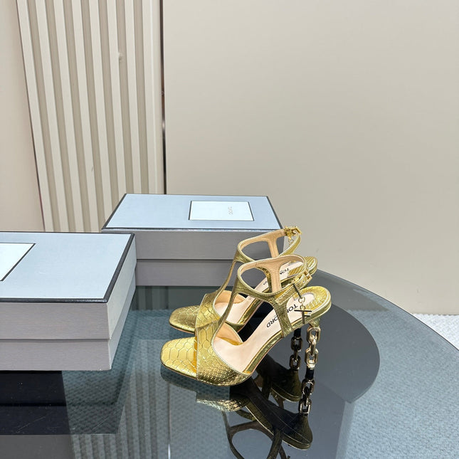 PADLOCK HIGH-HEELED SANDAL 10 CM IN LIGHT GOLD SNAKESKIN