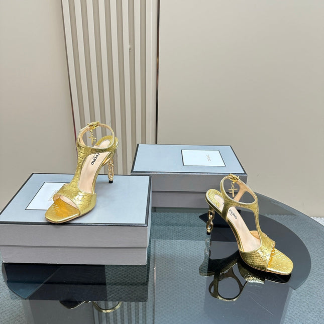 PADLOCK HIGH-HEELED SANDAL 10 CM IN LIGHT GOLD SNAKESKIN