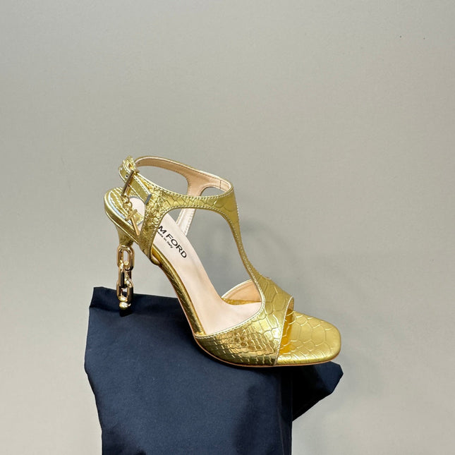 PADLOCK HIGH-HEELED SANDAL 10 CM IN LIGHT GOLD SNAKESKIN
