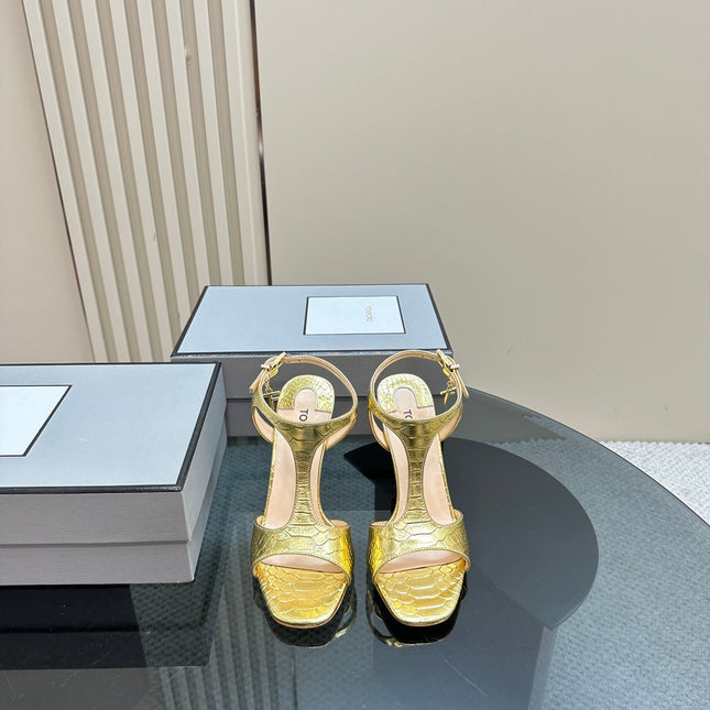 PADLOCK HIGH-HEELED SANDAL 10 CM IN LIGHT GOLD SNAKESKIN