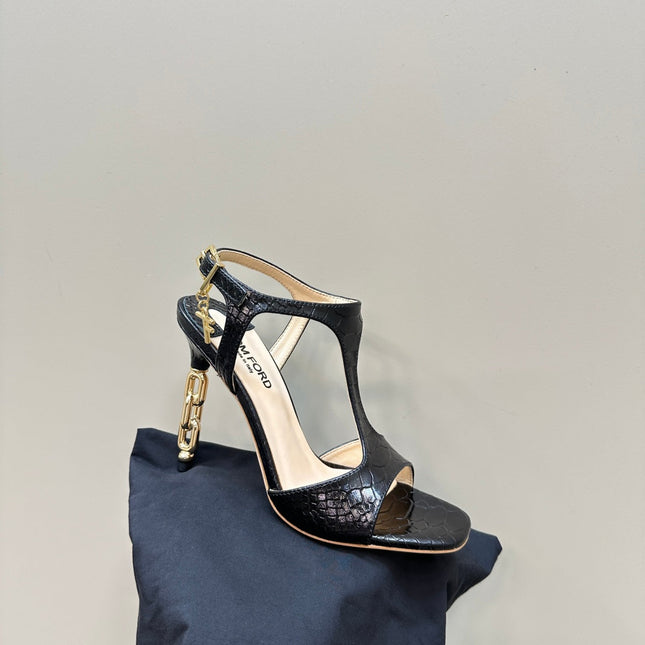 PADLOCK HIGH-HEELED SANDAL 10 CM IN BLACK SNAKESKIN