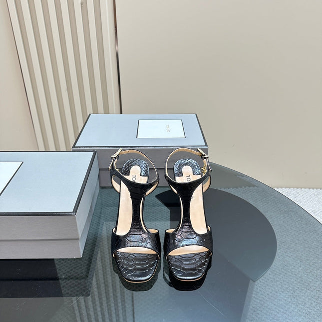 PADLOCK HIGH-HEELED SANDAL 10 CM IN BLACK SNAKESKIN