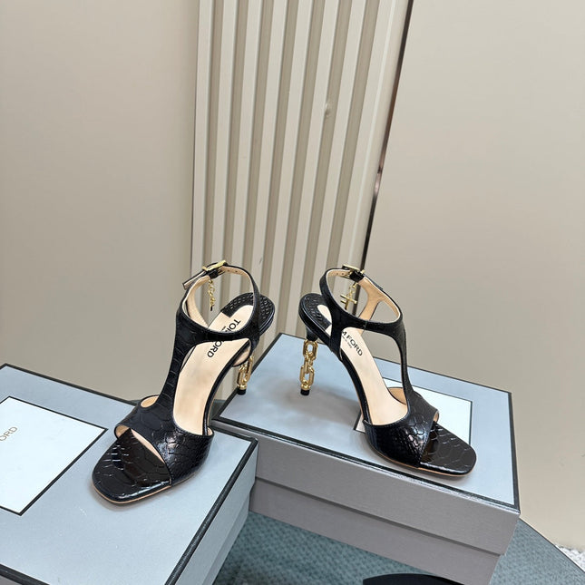 PADLOCK HIGH-HEELED SANDAL 10 CM IN BLACK SNAKESKIN