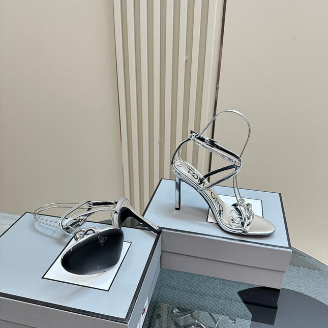 HIGH-HEELED 10 CM SANDAL IN SILVER LAMBSKIN WITH SILVER HARDWARE