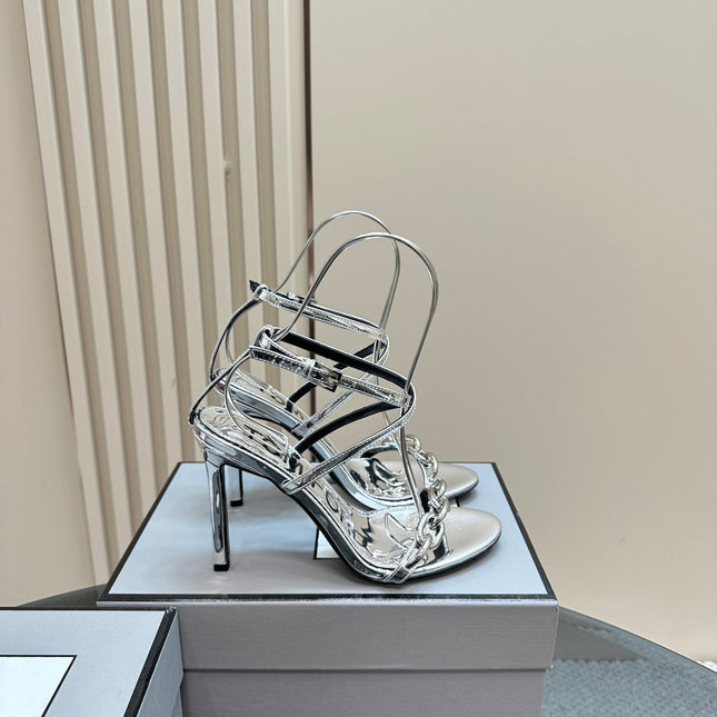 HIGH-HEELED 10 CM SANDAL IN SILVER LAMBSKIN WITH SILVER HARDWARE