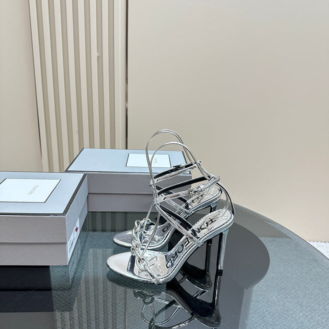 HIGH-HEELED 10 CM SANDAL IN SILVER LAMBSKIN WITH SILVER HARDWARE