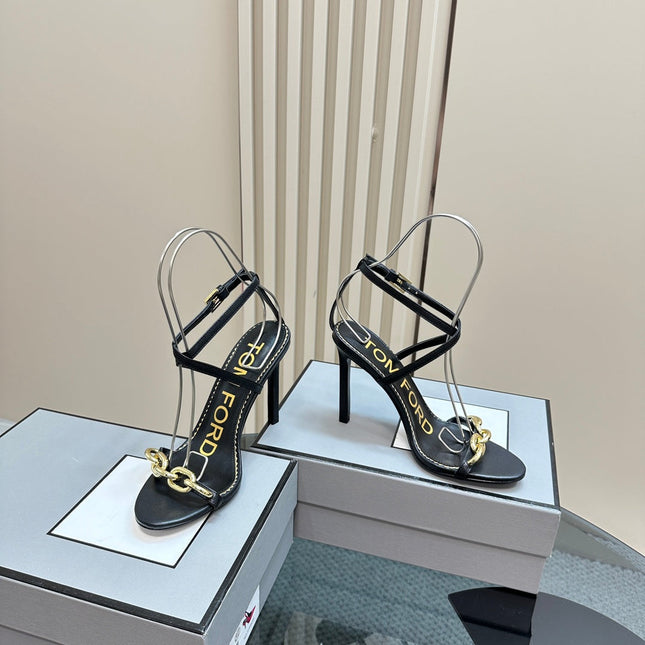 HIGH-HEELED 10 CM SANDAL IN BLACK LAMBSKIN WITH GOLD HARDWARE