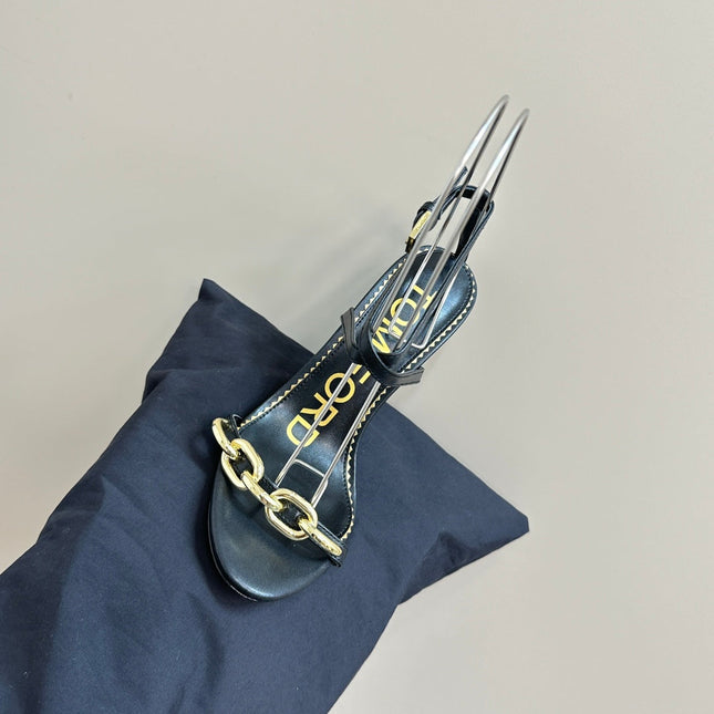 HIGH-HEELED 10 CM SANDAL IN BLACK LAMBSKIN WITH GOLD HARDWARE