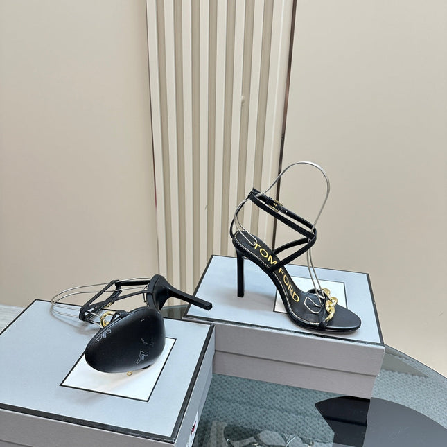 HIGH-HEELED 10 CM SANDAL IN BLACK LAMBSKIN WITH GOLD HARDWARE