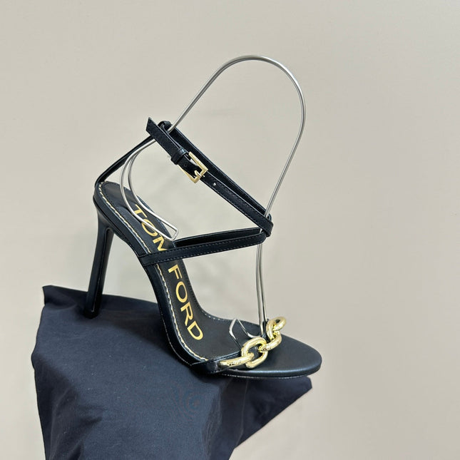 HIGH-HEELED 10 CM SANDAL IN BLACK LAMBSKIN WITH GOLD HARDWARE
