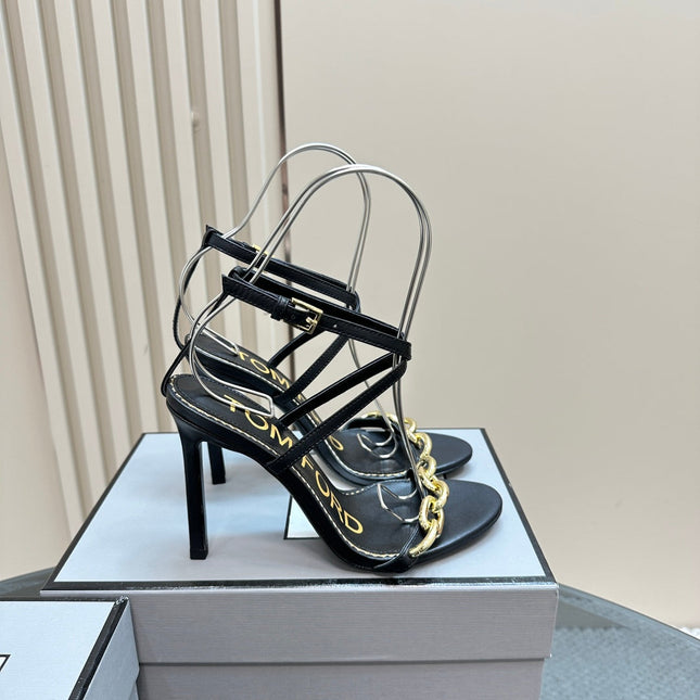 HIGH-HEELED 10 CM SANDAL IN BLACK LAMBSKIN WITH GOLD HARDWARE