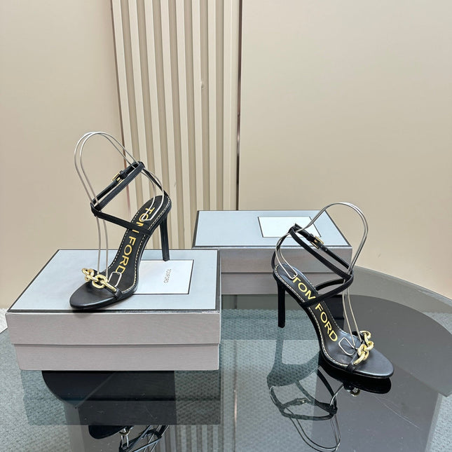 HIGH-HEELED 10 CM SANDAL IN BLACK LAMBSKIN WITH GOLD HARDWARE