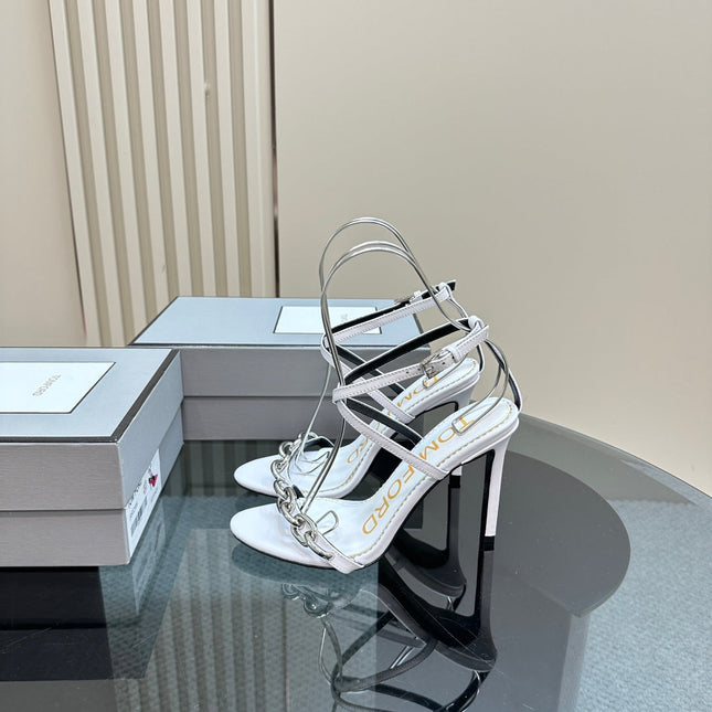 HIGH-HEELED 10 CM SANDAL IN WHITE LAMBSKIN WITH SILVER HARDWARE