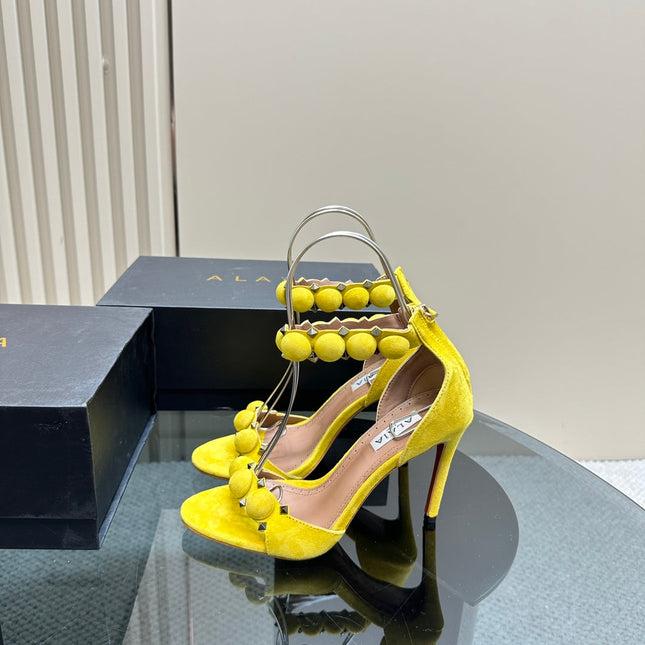 ALAIA HIGH HEEL SANDAL 10 CM IN BRIGHT YELLOW SUEDE