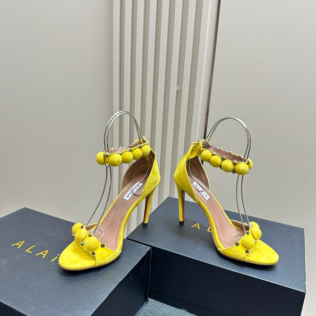 ALAIA HIGH HEEL SANDAL 10 CM IN BRIGHT YELLOW SUEDE