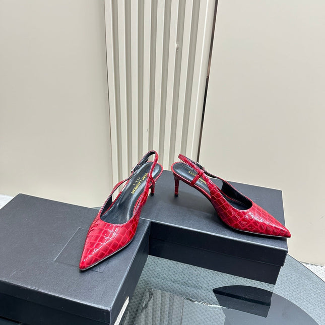 SL TRAPEZE CROCODILE MOTIF SLINGBACK PUMP RED CALFSKIN