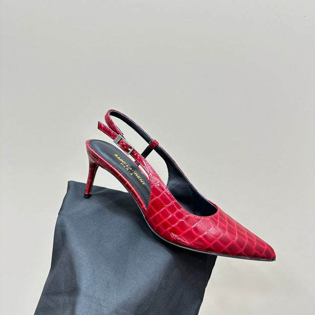 SL TRAPEZE CROCODILE MOTIF SLINGBACK PUMP RED CALFSKIN