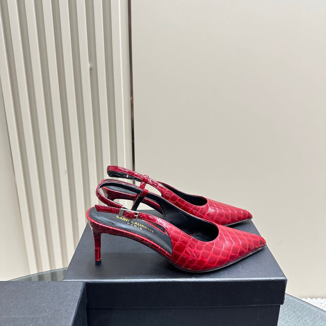 SL TRAPEZE CROCODILE MOTIF SLINGBACK PUMP RED CALFSKIN