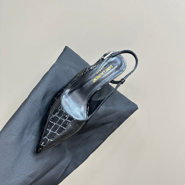 SL TRAPEZE CROCODILE MOTIF SLINGBACK PUMP BLACK CALFSKIN