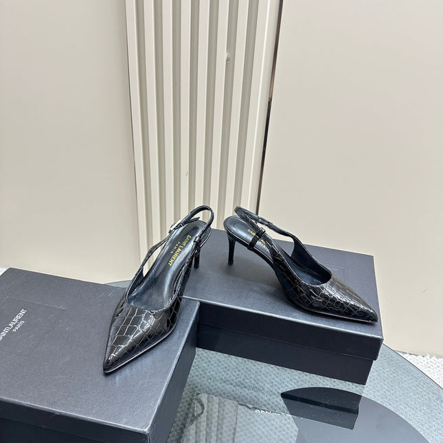 SL TRAPEZE CROCODILE MOTIF SLINGBACK PUMP BLACK CALFSKIN