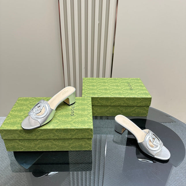 MID-HEEL 5 CM MULE IN SILVER CALFSKIN