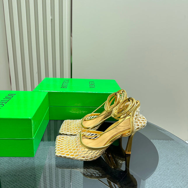 STRETCH HIGH HEELS 9 CM IN GOLD METALLIZE MESH AND LEATHER