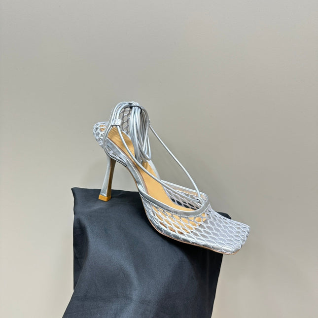 STRETCH HIGH HEELS 9 CM IN SILVER METALLIZE MESH AND LEATHER