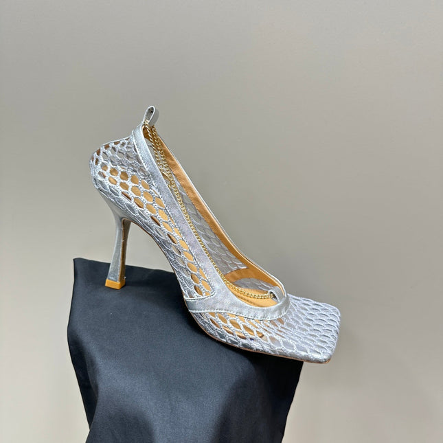 HIGH PUMP 9 CM IN SILVER METALLIZE MESH AND LEATHER