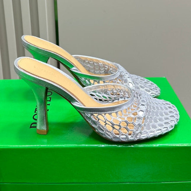 HIGH MULE 9 CM IN SILVER METALLIZE MESH AND LEATHER