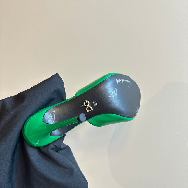 DG FOOTWEAR – LIGHT 100MM IN GREEN PATENT CALFSKIN MULES