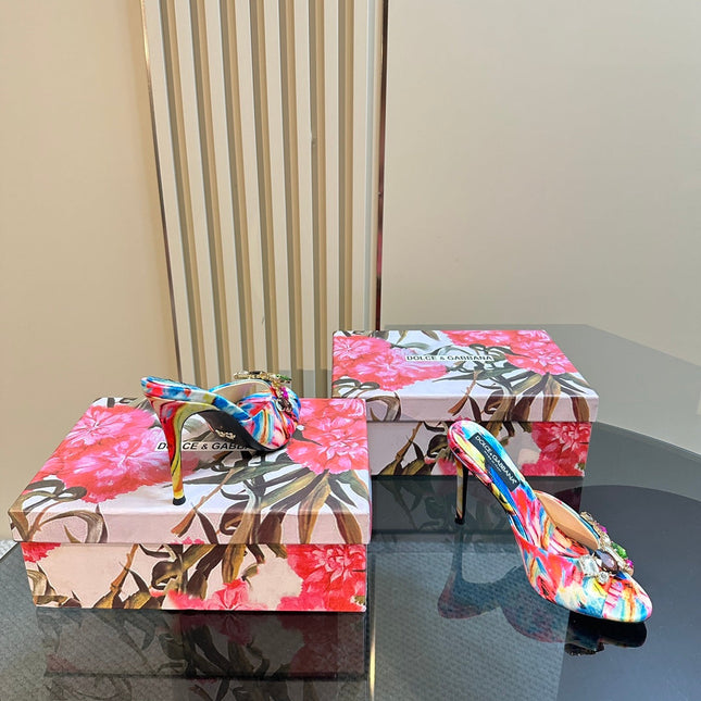 DG 100MM FOOTWEAR – MULTICOLOR SATIN MULES WITH CRYSTAL EMBELLISHMENTS